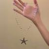 Personality Metal Big Starfish Pendant Necklace for Women Double-layered Star Beaded Chain Necklace Summer Ocean Y2K Jewelry