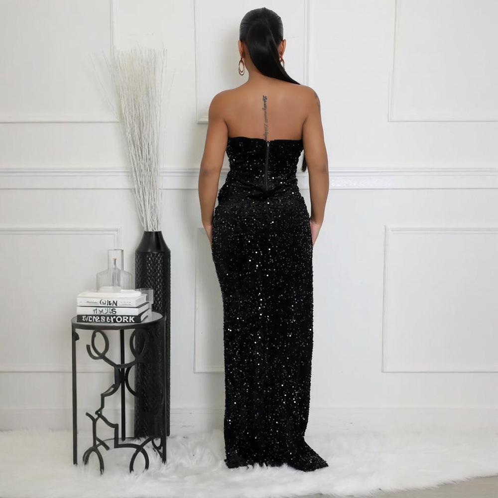 Women's Sequined Evening Dress Sexy Strapless Irregular Dress