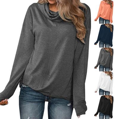 Women's Fashion Pullover Stacked Neck Solid Color Long Sleeve T-Shirt Top