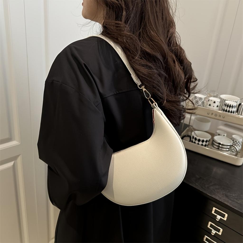Ladies' Crescent Shaped Crossbody Bag with Detachable Adjustable Shoulder Strap, Magnetic Closure, and Gold Hardware Accessories Shoulder Bag