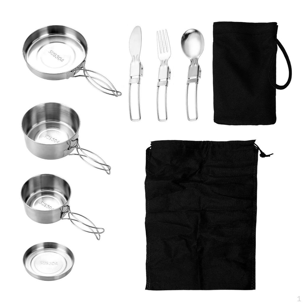 7Pcs Stainless Steel Camping Utensils Mess Kit Foldable Lightweight Cookware Picnic Pots for