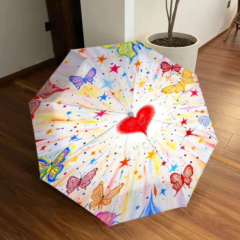 

Colorful Butterfly Heart Auto-Open Close Umbrella with Foldable Design, , Travelers, Daily Use, Festive Gift (8 Bones Iron Frame)1121071a