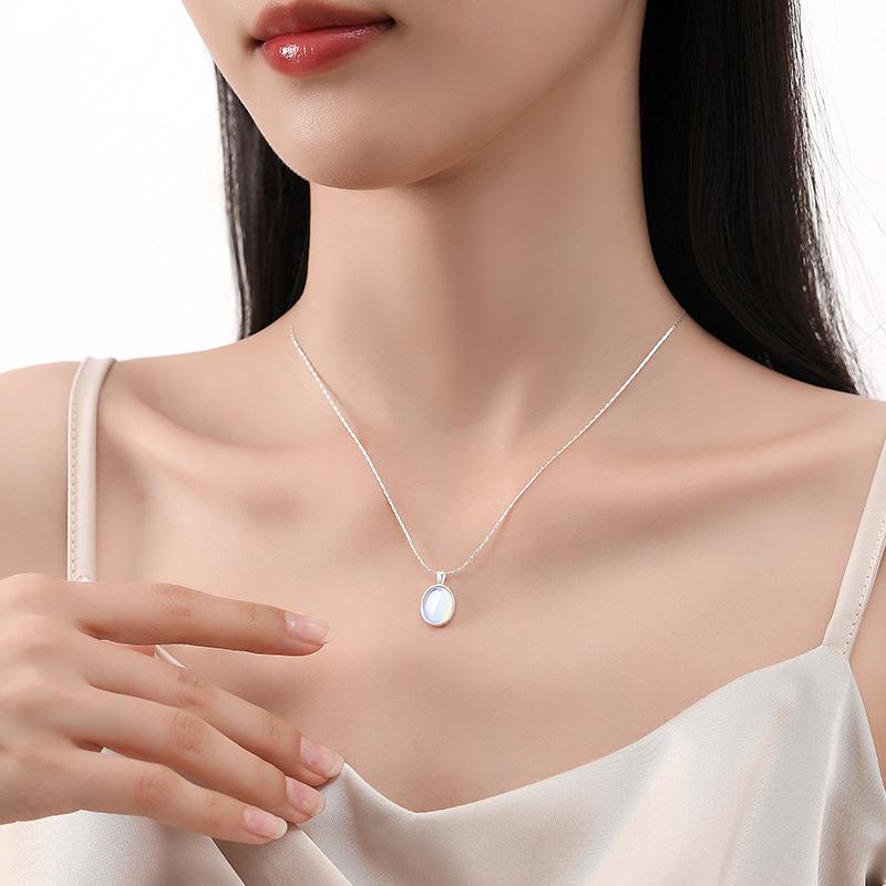 Tichya S925 Sterling Silver Moonstone/Aquamarine Necklace – Niche Design Oval Snake Chain for Women
