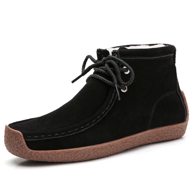 Fashion Winter Soft Sole Ankle Boots with Plush for Women Lace-Up Ladies Retro Flat Shoes Handmade Genuine Cow Leather Warm Sneakers