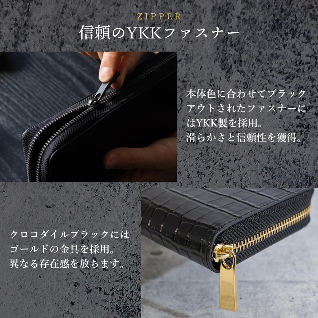 [Dom Teporna] Men's Large Capacity Wallet, Holds 24 Cards, Genuine Leather, YKK Zipper, Round Zipper, Coin Pocket, Gold Interior, Saffiano Leather/Bla
