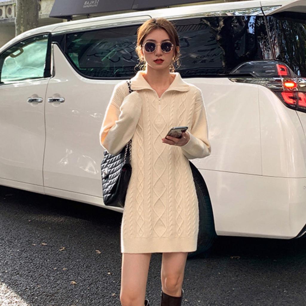 Medium and long twist sweater skirt women's autumn and winter with coat loose lazy wind thickened zipper soft waxy knitted even