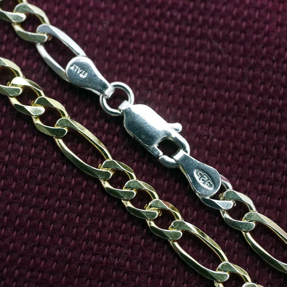 Silver One Figaro Chain Necklace for Made In Italy from 925 Sterling 18K Gold and Silver Sparkling 4mm 1mm Fine Gold Men, Silver, Plated, Cut, Wide,