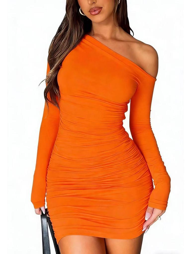 2026 Spring/Summer One-Shoulder Ruched Bodycon Dress - Women’s Long Sleeve, Sexy Slim Fit, Short European American Style