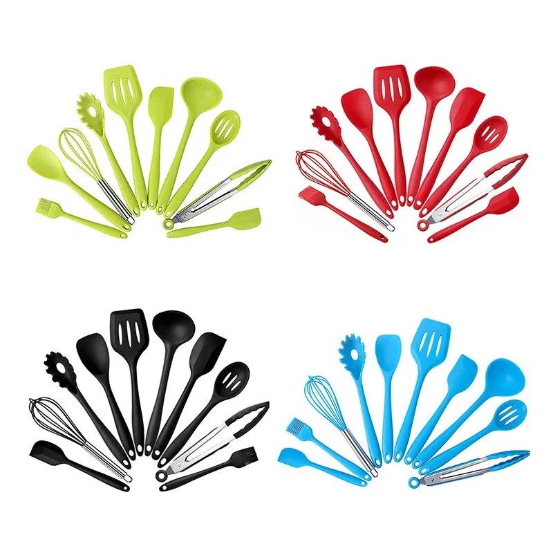10 Pcs Non-stick Silicone Utensils Set Turner Tongs Spatula Soup Spoon Shovel Oil Brush Cooking Tools Set Kitchen Gadgets Items