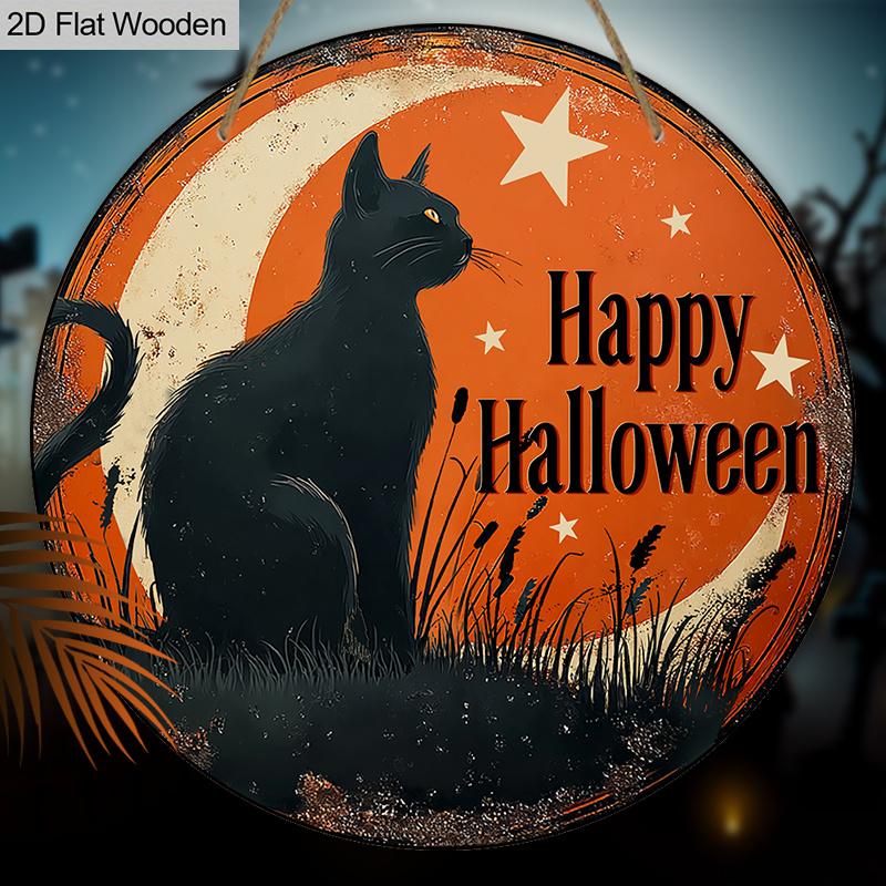 Wesołego Halloween Drewniany Znak ze Wzorem Czarnego Kota - Figurki Ozdobne ze Wzorem Półksiężyca i Gwiazdy - Idealne na Drzwi Wejściowe, Podwórko, Ganek, Dekoracja Pokoju