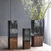 1 buc. Vază Pătrată din Acril în Stil Nordic cu Bază din Lemn, Decor Perfect pentru Aranjamente Florale în Sufragerie, Ornament de Masă pentru Casă
