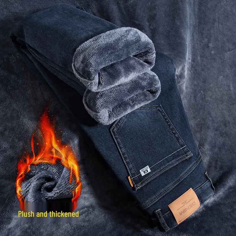 Men's Spring/Summer Cotton Straight-Leg Jeans with Fleece—Versatile, Elastic, Loose-Fit Casual Trousers.