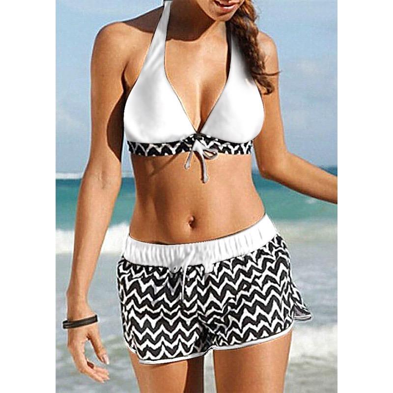 

Высокая талия Лето Сексуальный Мода Спинка Купальники Полосатый Лоскутный Раздельный Висячий Шея Бикини Купальник Танкини Женщин 5XL белый