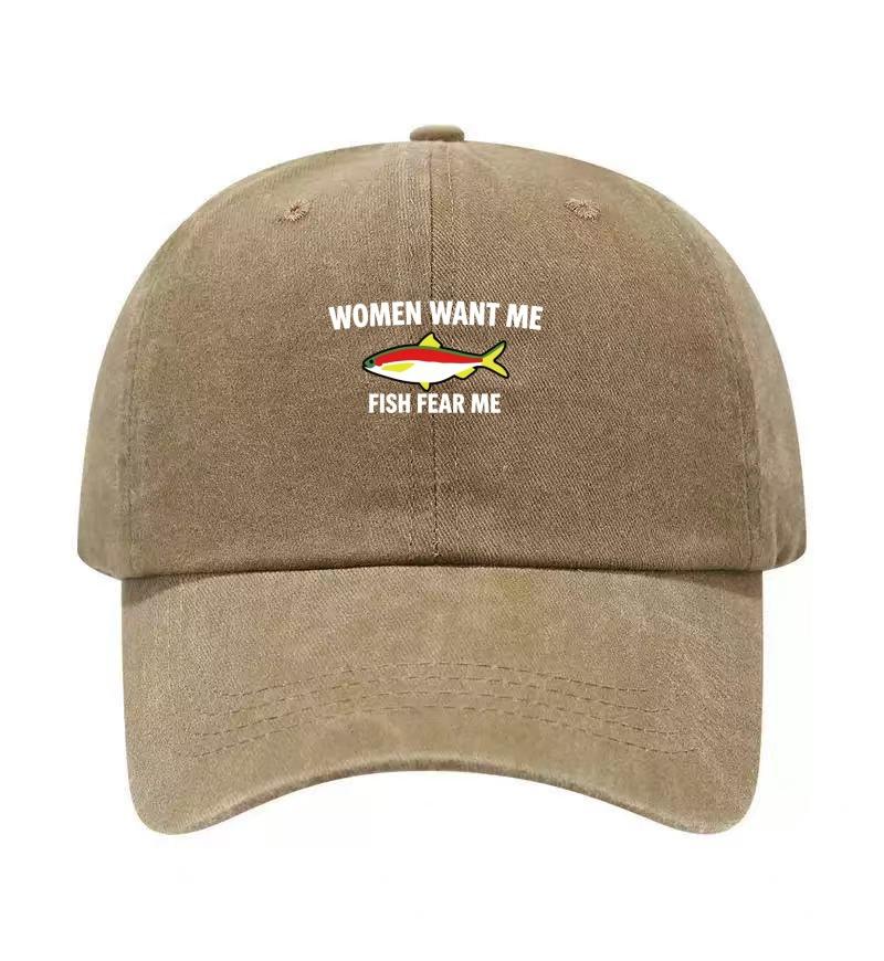 Fische fürchten mich Aufdruck Gewaschene Baumwolle Verstellbare Baseballkappe Klassische Snapback Papa-Hut Atmungsaktiver Hut Golf Angeln Outdoor Sonnenschutzmütze