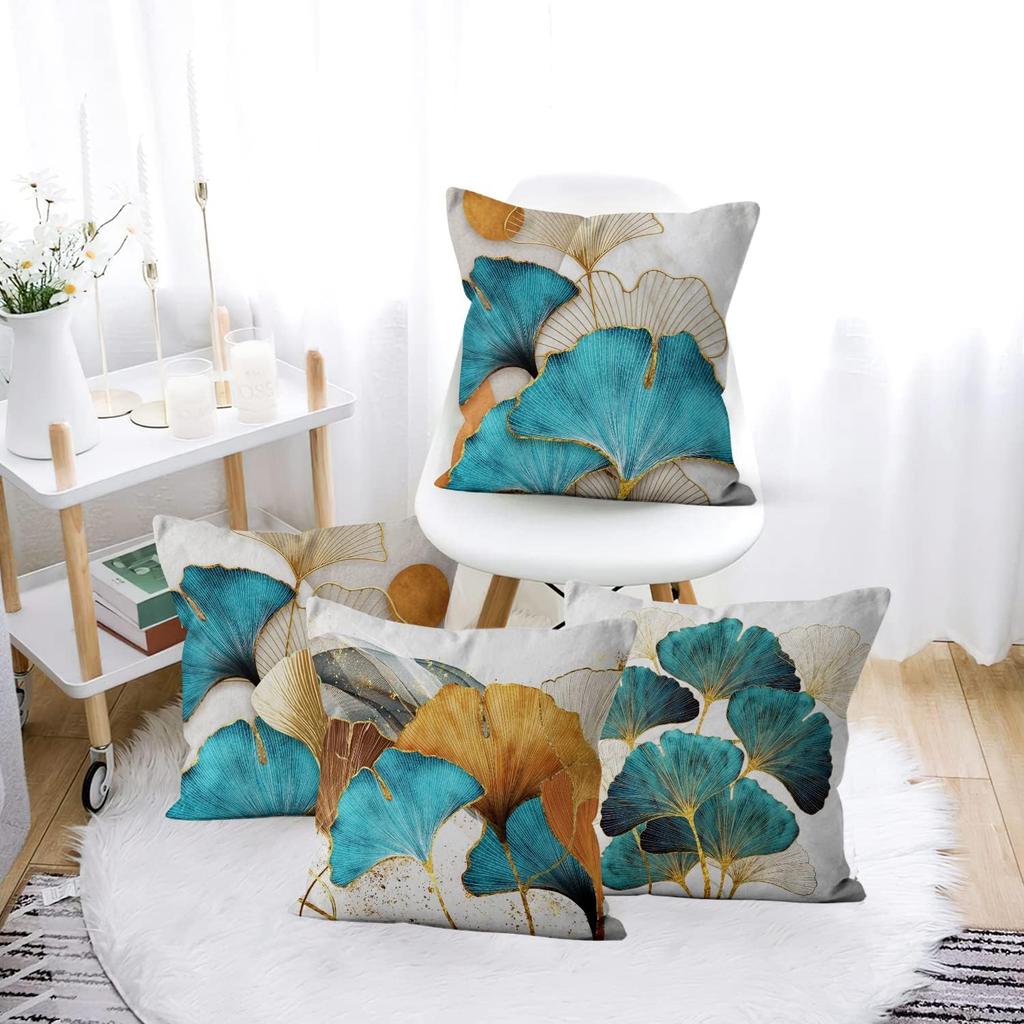 4Pcs Teal Gold Ginkgo Leaf Printed Pillow Cover Polyester Cushion Case 2D Flat Printing Pillowcase Luxury Home Decor Art Style