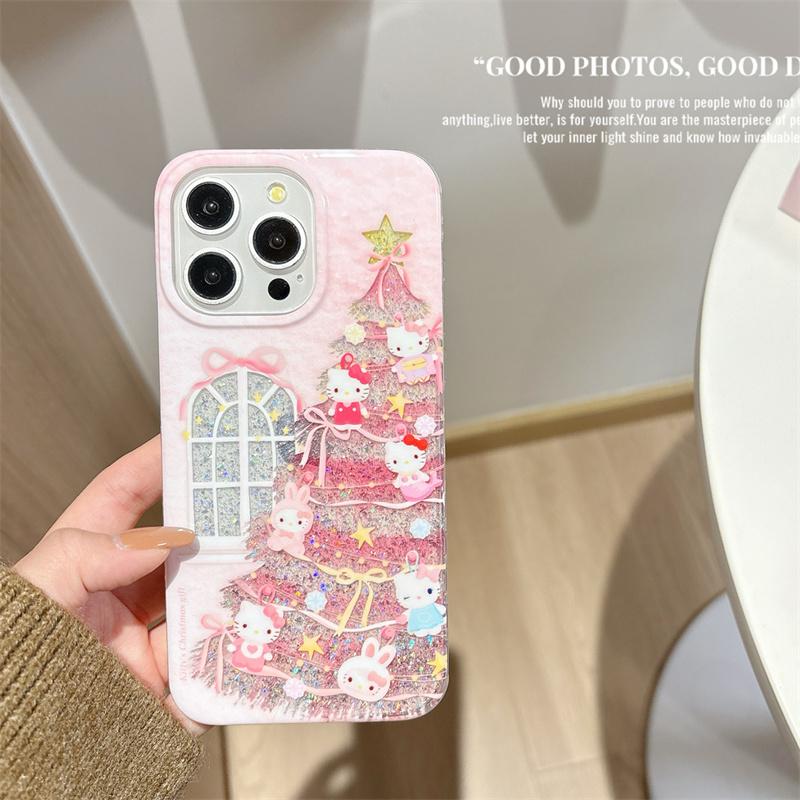 

Korean Cute Glitter Christmas Tree Hellokitty Phone Case For iPhone 17 Pro 16 15 14 Pro Max Cover Shockproof Cartoon Protective For iPhone 15