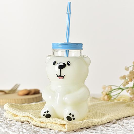 Medvědí skleněný pohár s víčkem a brčkem Opakovaně použitelný medvědí brčkový pohár Roztomilý skleněný tumbler na kávu, pivo, víno, koktejl