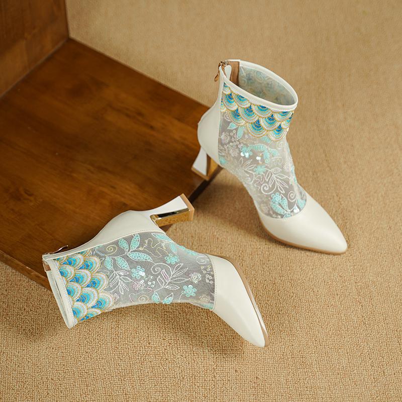 

Летние сапоги Krazing Pot из коровьей кожи с острым носком, модные атласные нашивки с аппликациями на высоком каблуке и вышивкой 43 синий