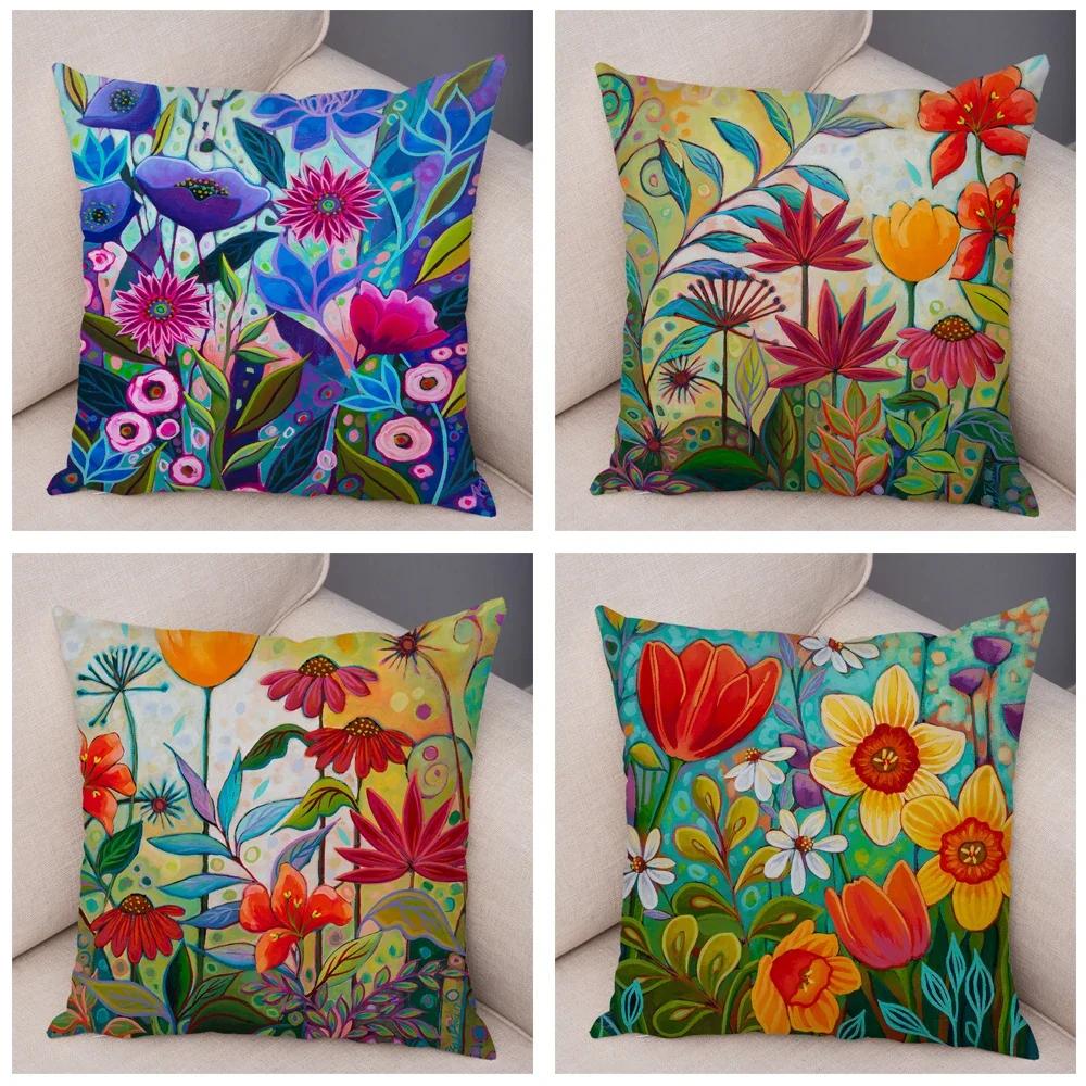 Nordic Watercolor Flower Pillowcase Soft Plush Decor Cartoon Floral Plant Cushion Cover for Sofa Home Children Room Pillow Case