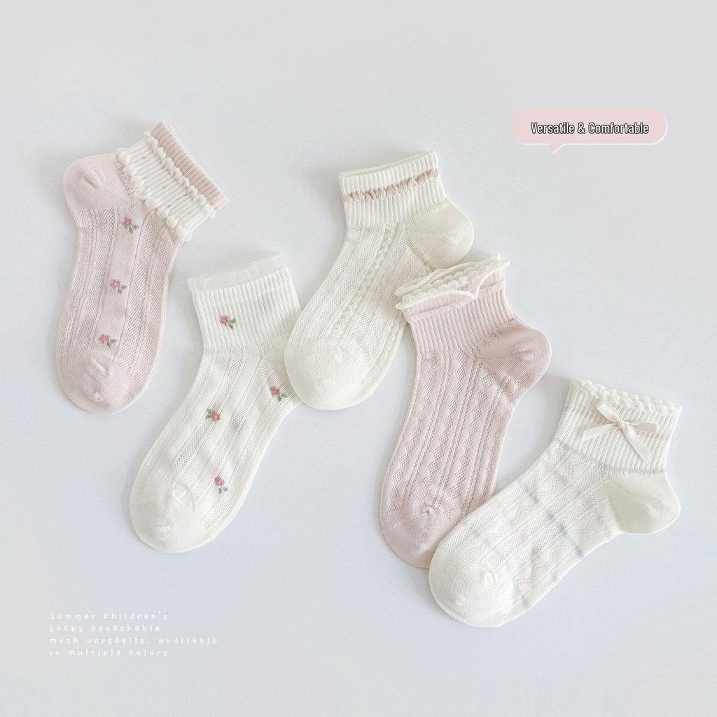 Girls' Korean-Style Lace Ankle Socks - Spring/Summer Mesh, Pink & White Series, Cotton for Students