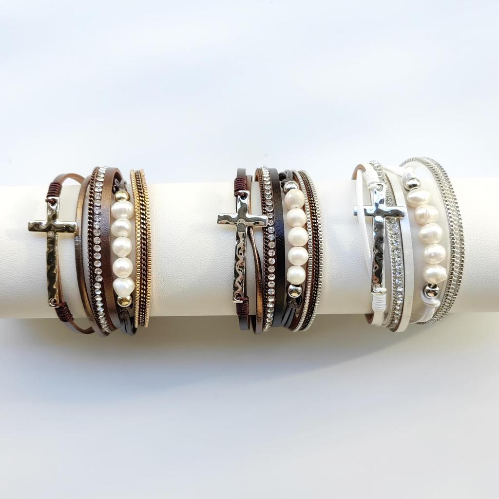 Bohemian Leather Women's Multi-layer Religious Cross Bracelet