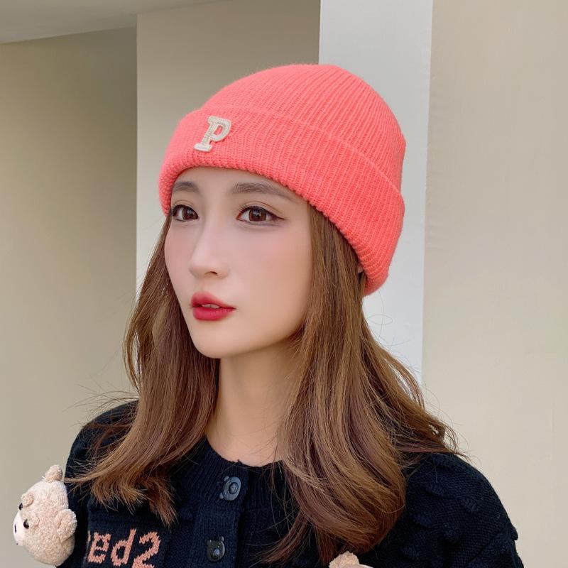 Winter Knitted Hat for Women Warm Pullover Hat P Shaped Bag Head Trendy Face Small Korean Version Wool Hat Men