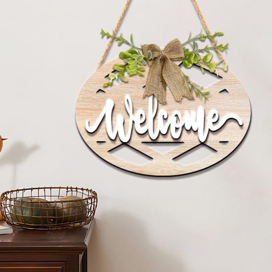 Welcome Wreath, Wood with Hemp Rope Hanger, Fabric Bow Decor Rustic Round Sign, for Doors Walls Entryway