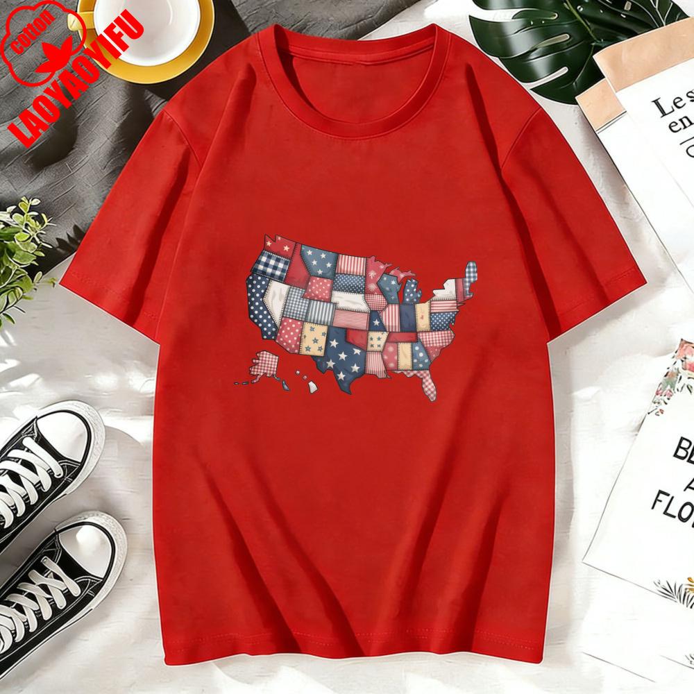 USA 250th Anniversary Shirt Semiquincentennial 2026 Patchwork Map Patriotic Tee High Quality Cotton Women Clothes