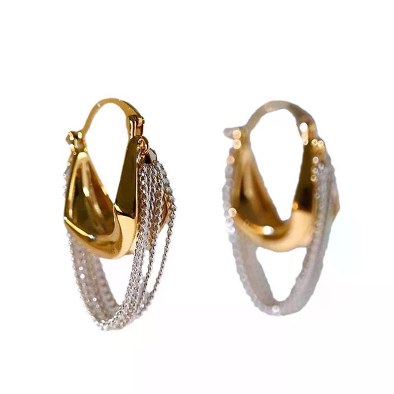 Fashion Chain Tassel Earrings Gold And Silver Color Contrast Temperament Retro Women Accessories
