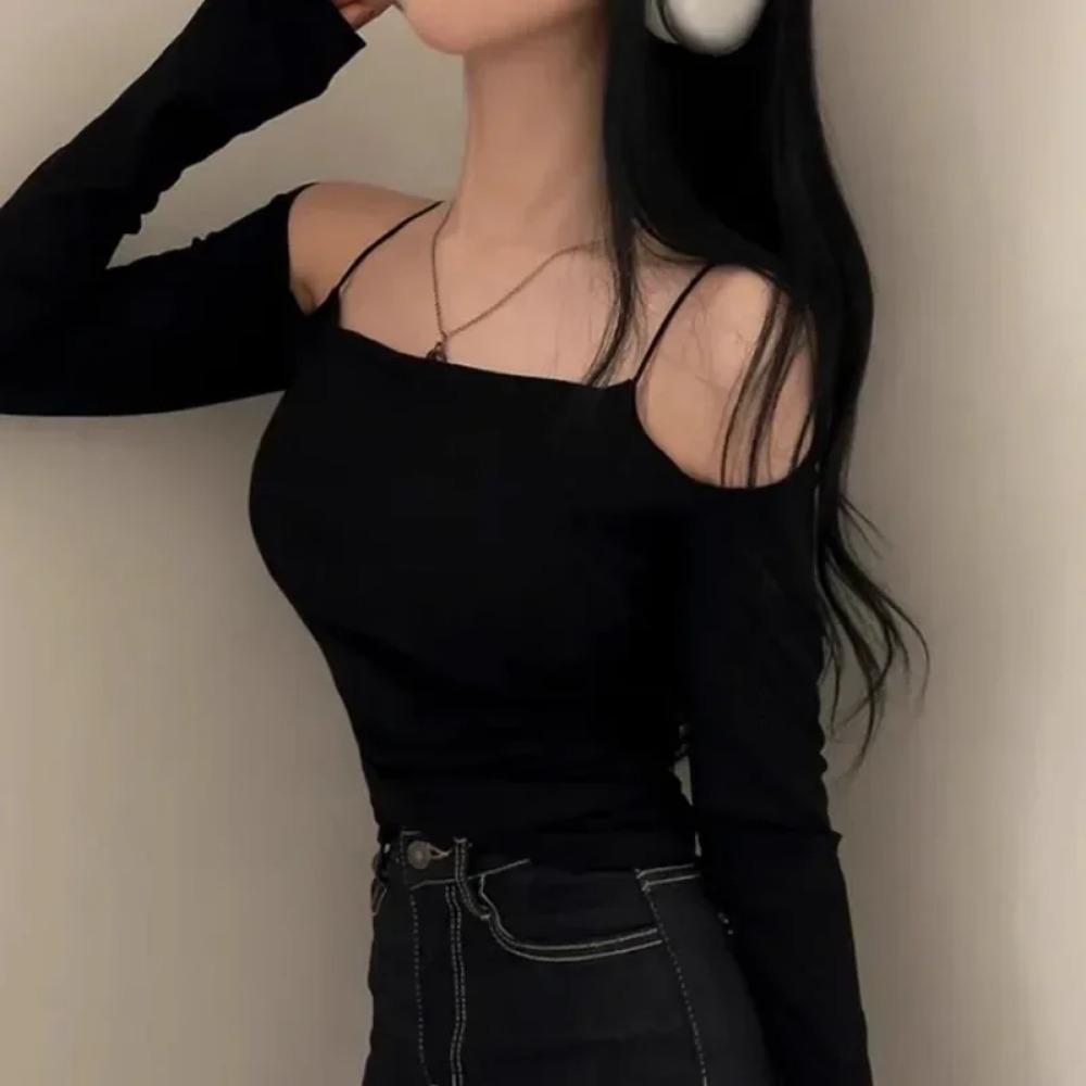 Korea New Style Pure Desire Sexy Off-The-Shoulder Two-Piece Illusionslims Women's Long Sleeve T-Shirt Versatile Smoot
