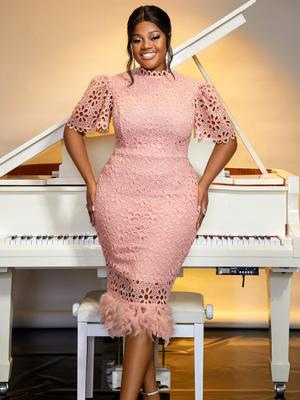 Pink Lace Dresses Mock Neck Short Sleeve Hollow Out Slim Fit Midi Gowns with Lining Feather