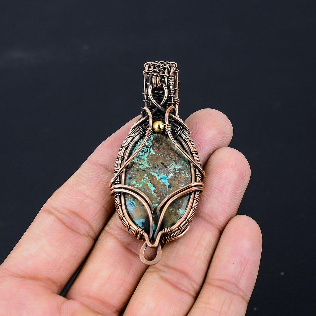 Amazing Azurite Gemstone Pure Copper Wire Wrapped Handmade Pendant Jewelry