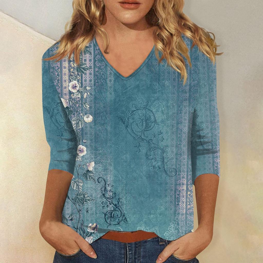 Damen T-Shirt mit V-Ausschnitt und Dreiviertelärmeln, lässig, Retro-Print