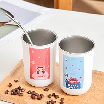 Tasse à eau mignonne de 360 ml en acier inoxydable 304, gobelet réutilisable à double paroi pour lait, café, avec paille et brosse à paille pour enfants, étudiants