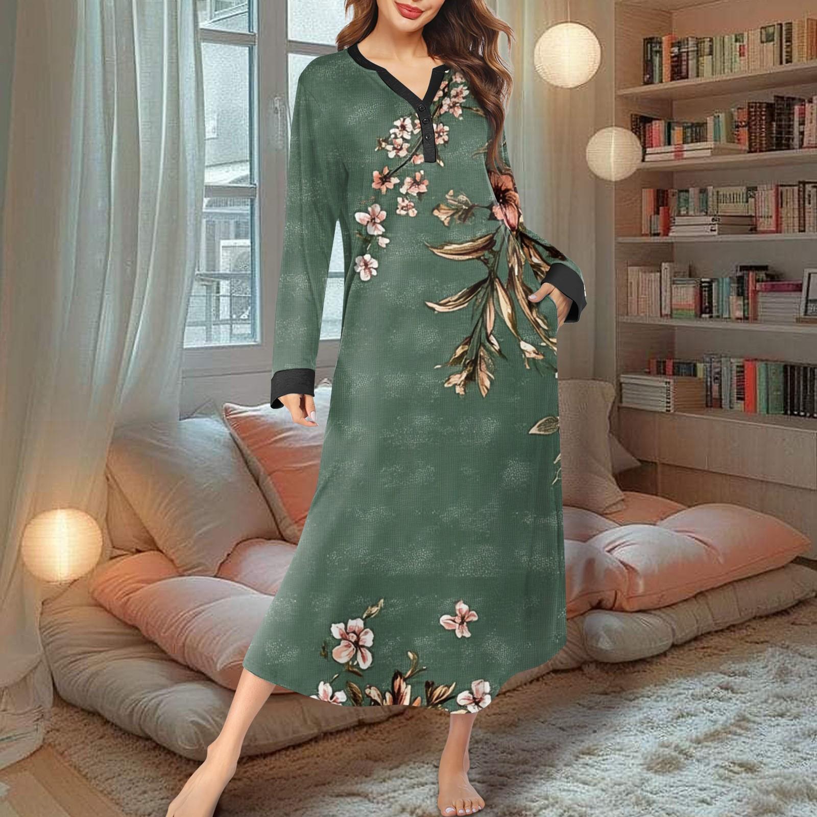 

Женская ночная рубашка, модный принт, длинный домашний халат, пижама с V-образным вырезом и карманами, платье M зелёный