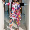 Women Plus Size Coordinated Two Piece Set Round Neck Three Quarter Sleeve Irregular Hem Top Printed Wide Leg Pants