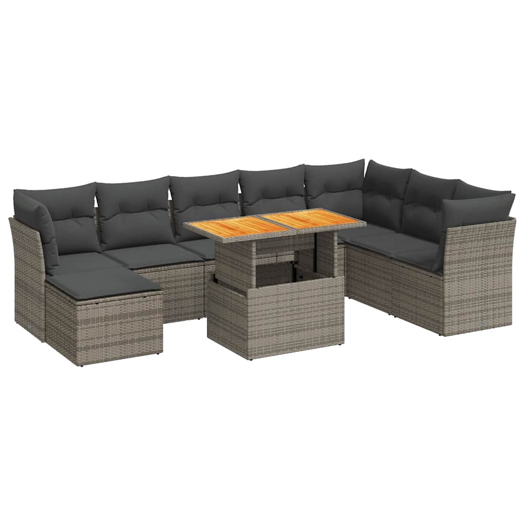 Vidaxl 9-Cz. Garden Furniture Set With Cushions, Grey, Poly Rattan