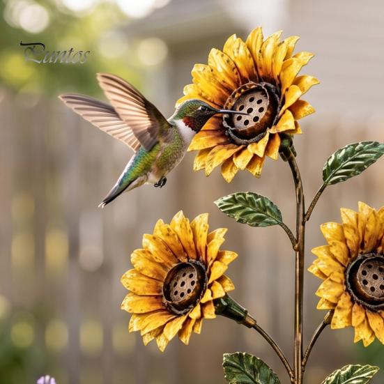 Hummingbird Feeder for Outdoors Vintage Sunflower Feeder, Metal Garden Stake Water Station, Decorative Pastoral Style Art Floral Bird Feeding Ornament