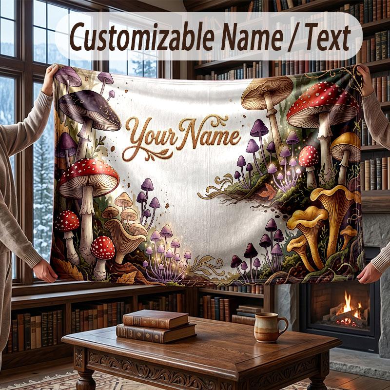 Mushroom Forest Theme Throw Blanket Custom Name Text Personalized Blanket Soft Cozy Blanket for Home Sofa Bed