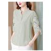 Women Summer Stand Collar Half Button Floral Embroidery Half Sleeve Casual Linen Blend Blouse
