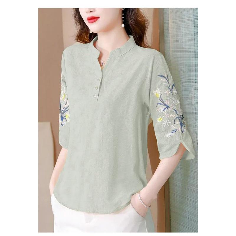 Women Summer Stand Collar Half Button Floral Embroidery Half Sleeve Casual Linen Blend Blouse