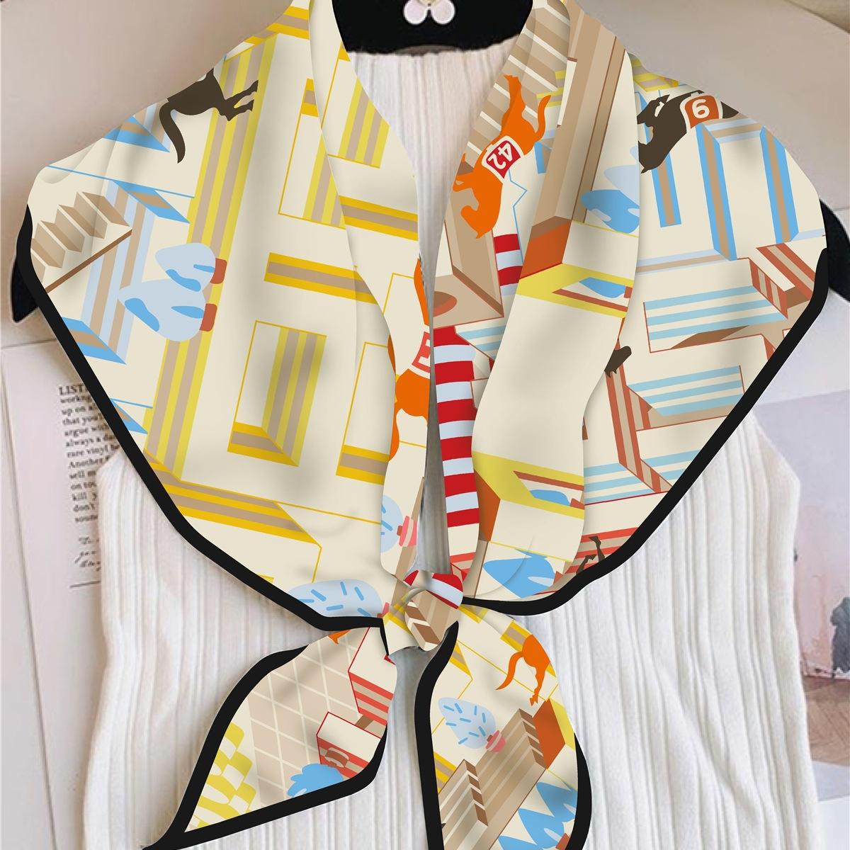 

Нишевый дизайн треугольный шарф высококачественный твил шелк с принтом шаль женский верх с тонким ложным воротником жилет модный тренд 130-85-85cm