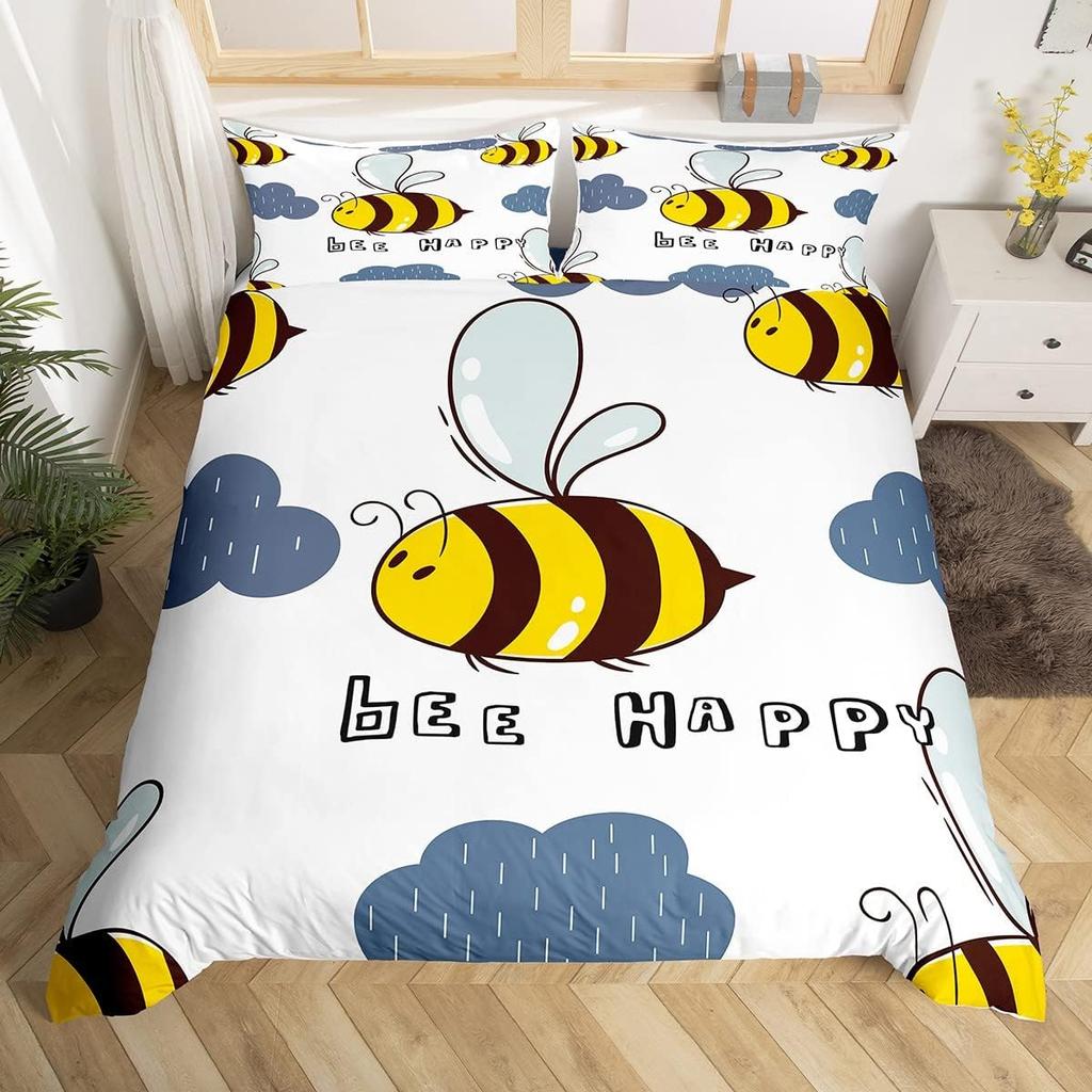 Cute Honeybee Duvet Cover Twin Queen Spring Garden Bedding Set Geometric Honeycomb Hexagon Comforter Cover Wild Animal Bed Set