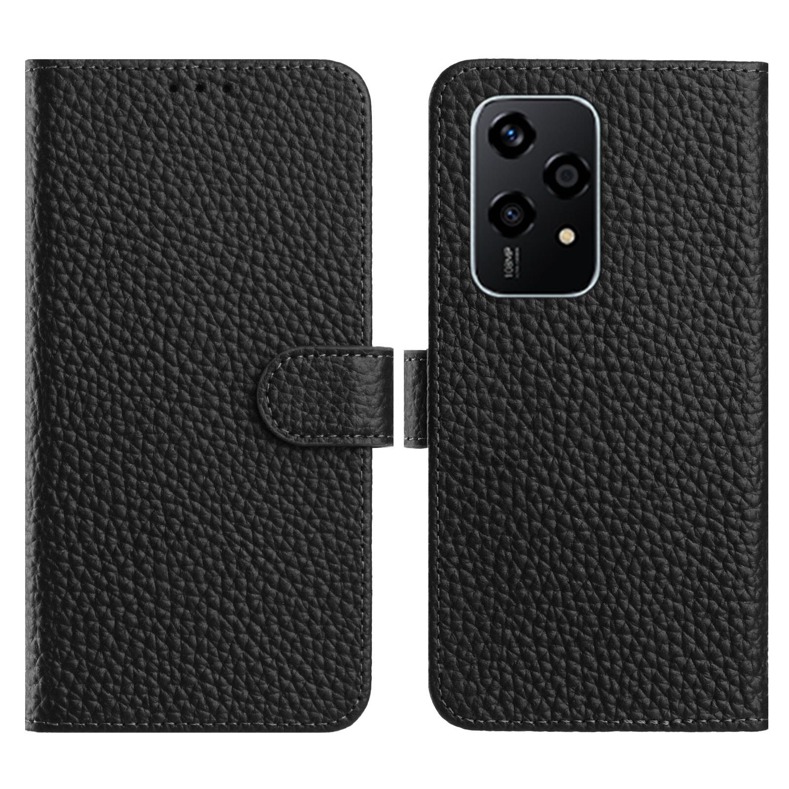 

For Honor 200 Lite Case Wallet Stand Litchi Texture Genuine Cow Leather Flip Phone Cover Black