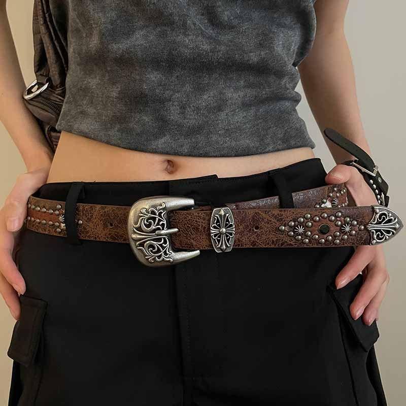 Retro Engraved Rivet Belt Women's New Jeans Accessories Personalized Senior Thin Belt