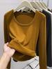 Korean Style Brushed Long-Sleeve T-Shirt for Women - 2025 Autumn/Winter, Collarbones Show Style, Inner Top