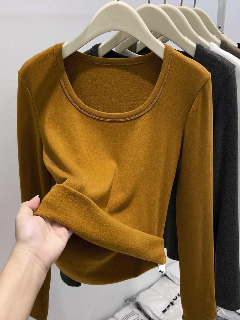 Korean Style Brushed Long-Sleeve T-Shirt for Women - 2025 Autumn/Winter, Collarbones Show Style, Inner Top