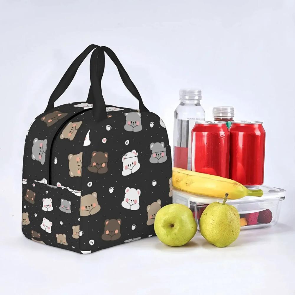 Cute Bear with Coffee Lunch Bento Box Insulated Lunch Boxes Reusable Waterproof Lunch Bag with Pocket for Travel Office Picnic
