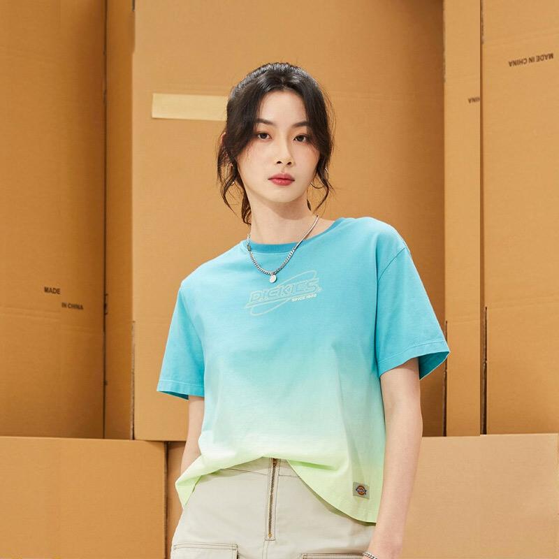 Dickies Gradient Letter Straight T-Shirt Women tops Yellow Green DK010331C83