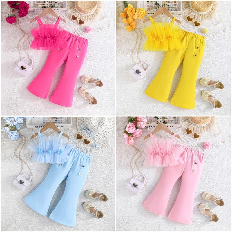 Girls' Fashion Set: Summer Children's Solid-Color Tank Top with Tulle + Flared Pants Set